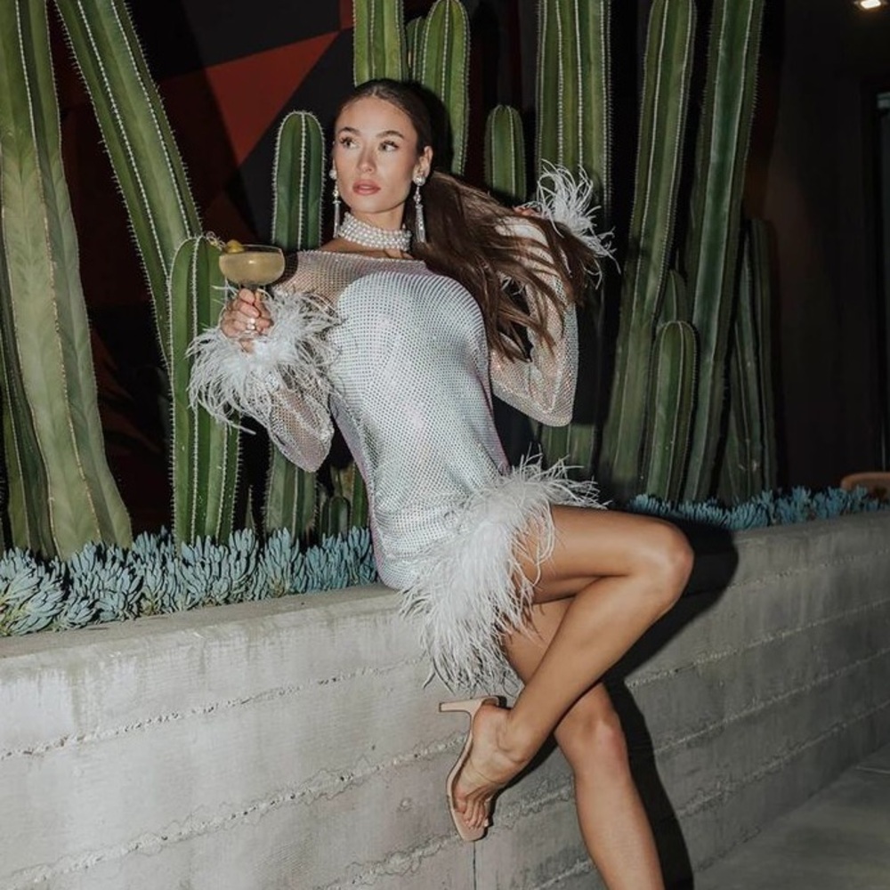 Untamed Petals Disco Sheer Sparkly Feather Dress